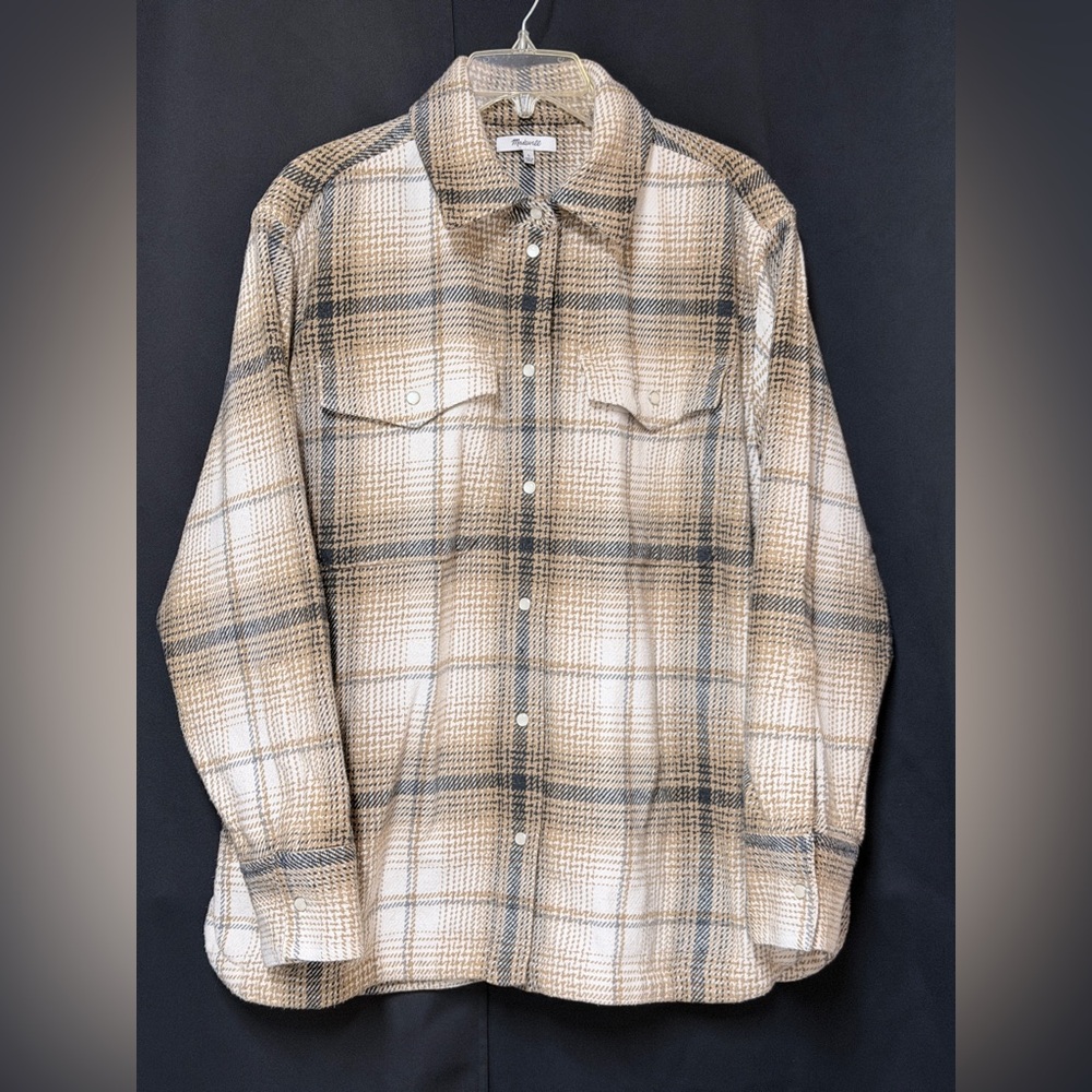 NWOT: Madewell Tan and Cream Plaid Shirt size: Large
